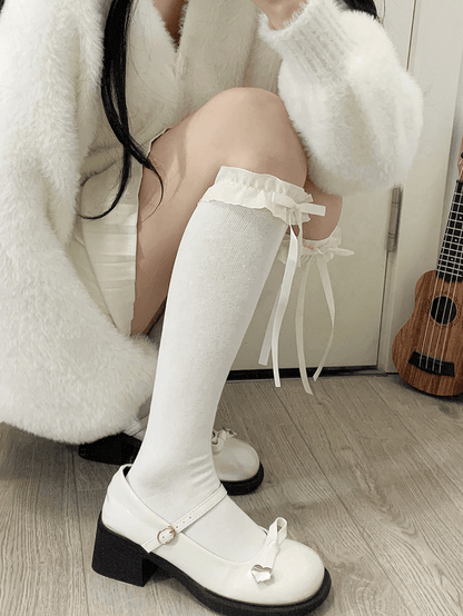 Milk White/Black Sweet Lolita Lace Trim Underknee Stockings