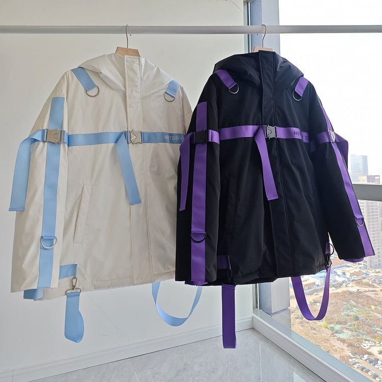 Jacket Purple Cyberpunk - Puffer with Tactical Jirai Straps Black Base Kei