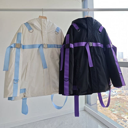 Jacket Purple Cyberpunk - Puffer with Tactical Jirai Straps Black Base Kei