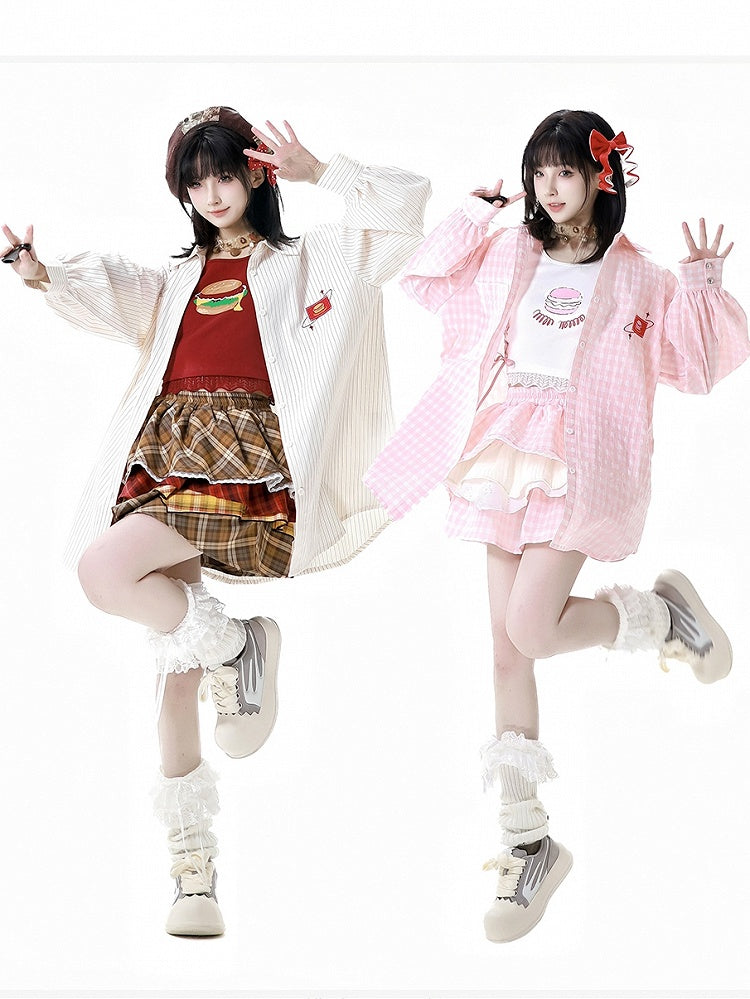 Burger Embroidery Applique Oversized Shirt Pink/White