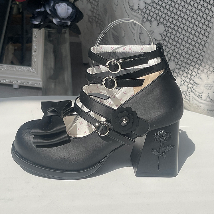 Heel Janes and Elegant Rose PU Block High Accent Bow Leather Matte Lolita Mary - Details with Black