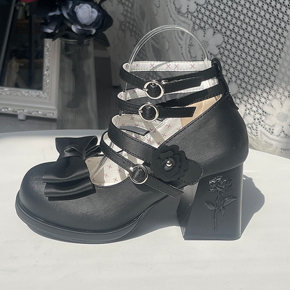 Heel Janes and Elegant Rose PU Block High Accent Bow Leather Matte Lolita Mary - Details with Black