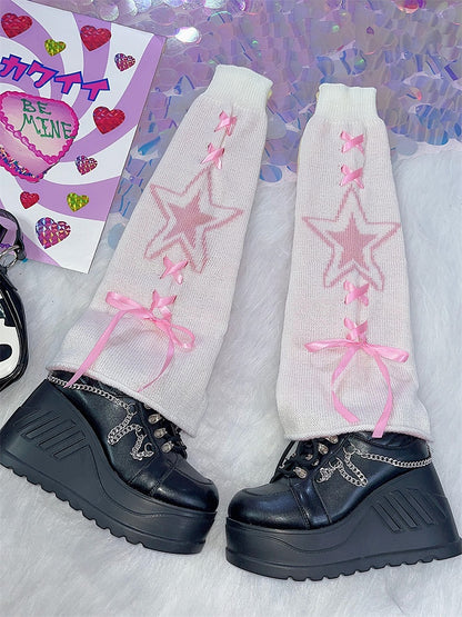 Black White Lace-up Detail Knitted Star Leg Warmers