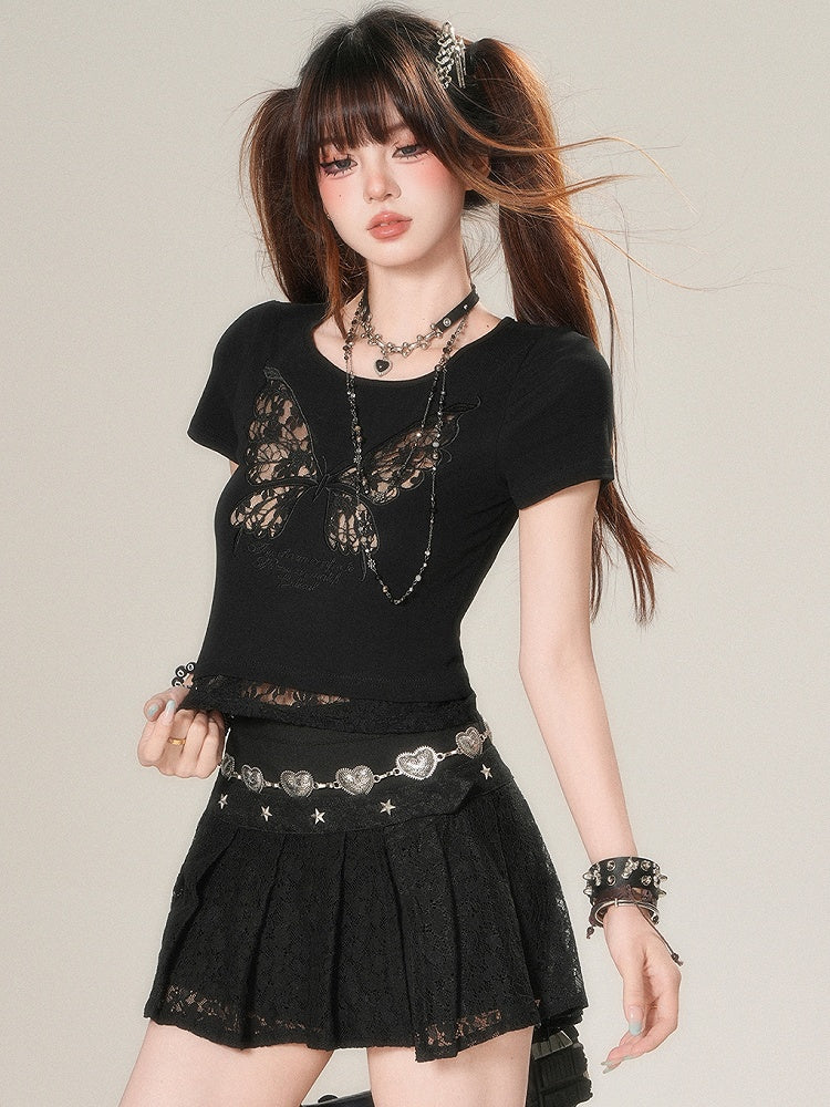 Spitzen-T-Shirt Butterfly Beige/Schwarz Glamorous Bittersweet