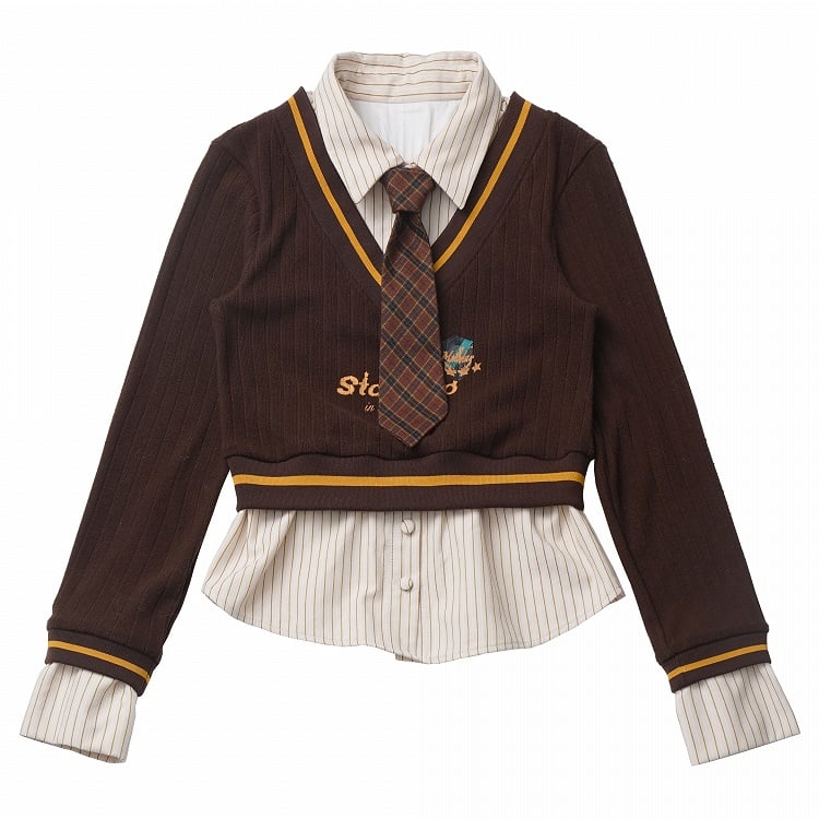 コーヒー＆ホワイトのフェイクツーピースストライプスウェットシャツとコーヒーチェック柄タイ