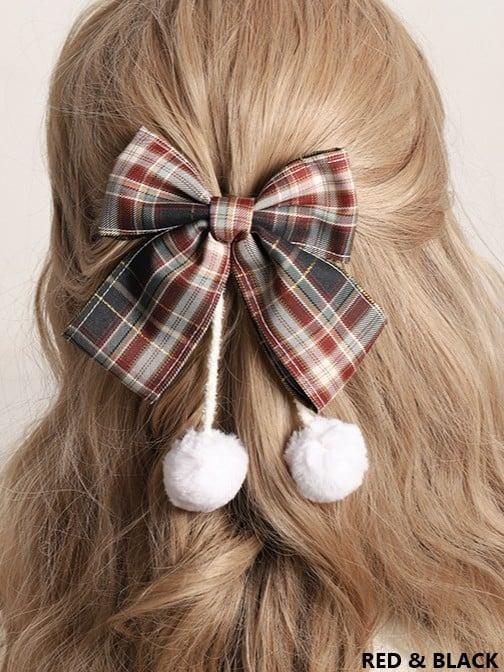10 Color Options Sweet Lolita Pom-Pom Plaid Bowknot Hairclip