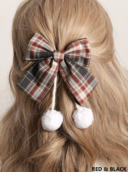 10 Color Options Sweet Lolita Pom-Pom Plaid Bowknot Hairclip