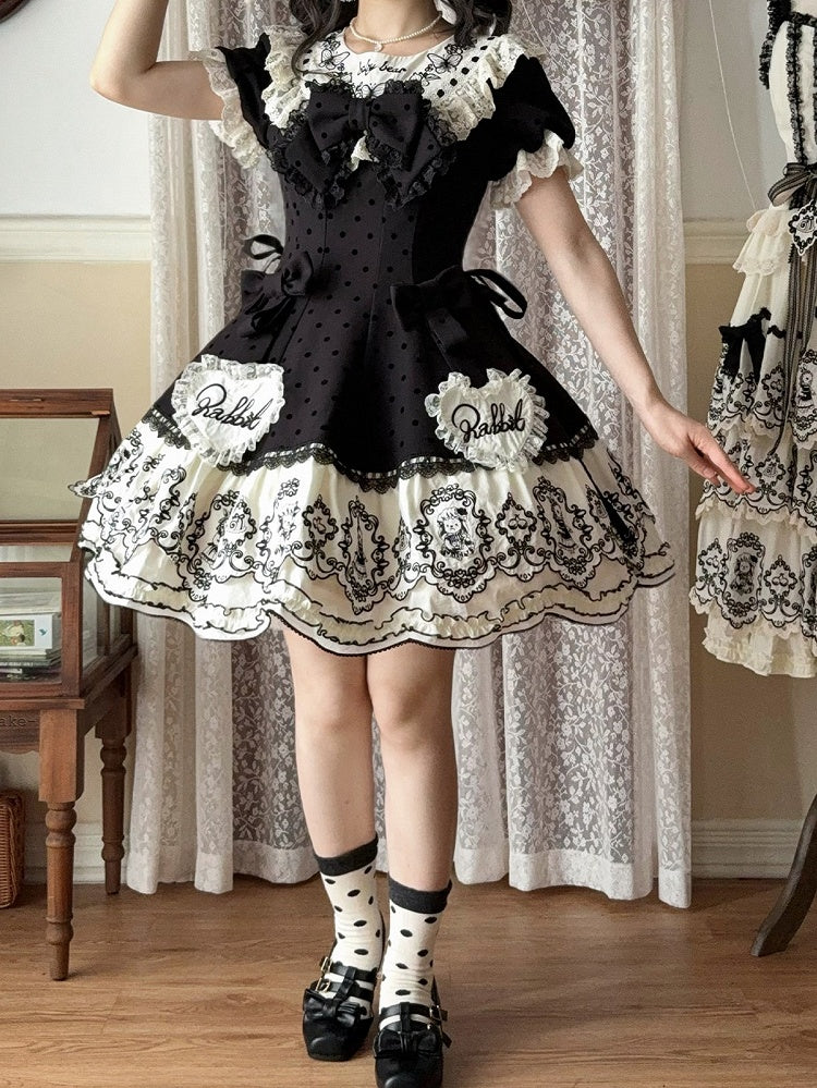 Dress Appliques Rabbit Lace-Trimmed Pattern Sweetheart Black Lolita Polka Sweet with Dot