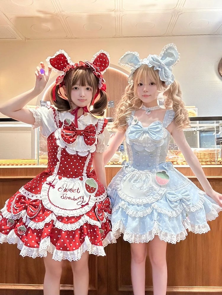 Dress Themed with JSK Dot + Red Polka Lolita and Bunny Hairband Strawberry Ear Vintage Details Lace Bow