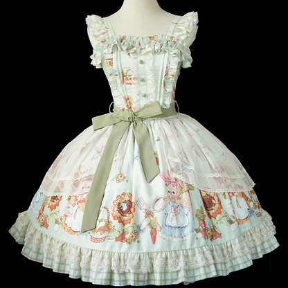 Overlay Plaid Dress Green Hem Bunny Print Lolita JSK Sweet Sunflower and with