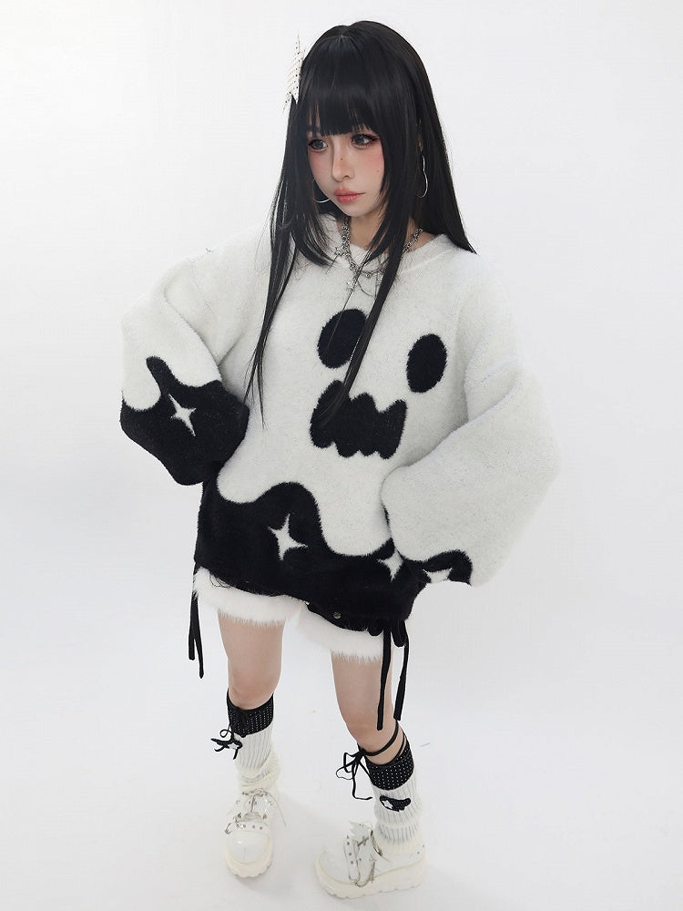 Oversized Ghost-Inspired Sweater in White & Black - Catwish