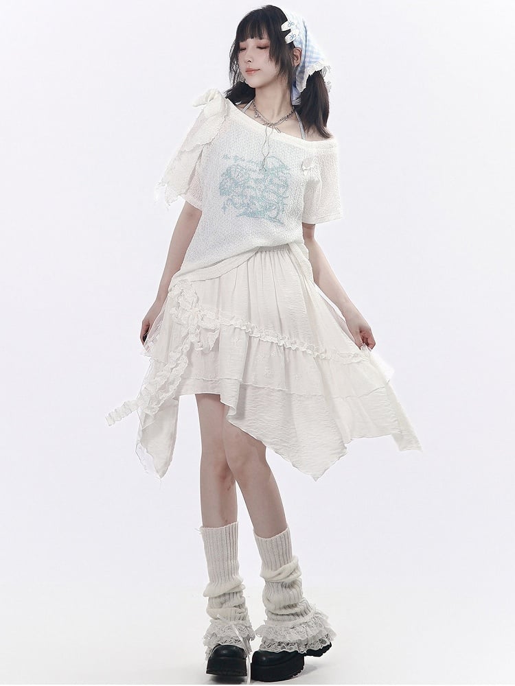 White Asymmetrical Cut Skirt with Lace Accents - PINK SAVIOR