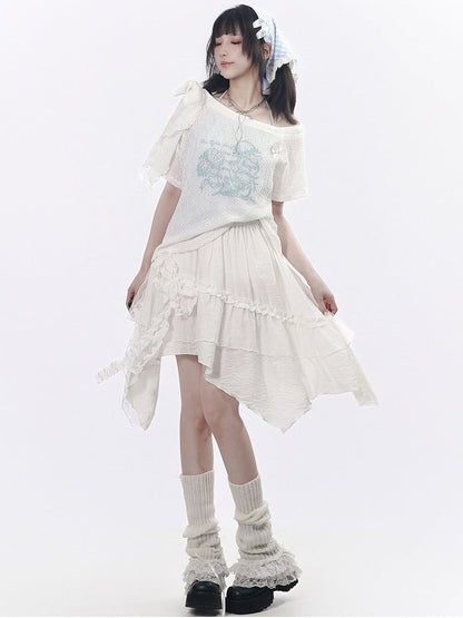 White Asymmetrical Cut Skirt with Lace Accents - PINK SAVIOR