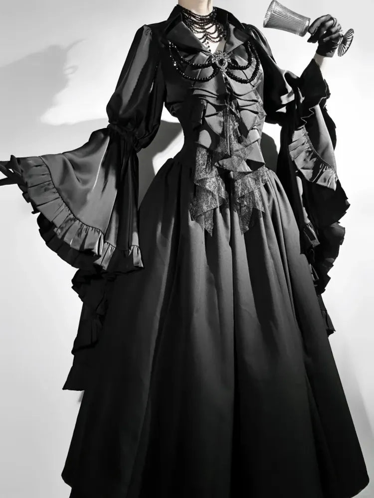 Schwarz / Dunkelblaues Aristocrat Gothic Hemd mit langen Glockenärmeln