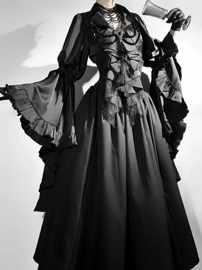 Black / Dark Blue Long Bell Sleeves Aristocrat Gothic Shirt