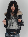 Punk Striped Fur Gray Wing Faux Print Collar Zip-Up Sleeves with Jacket