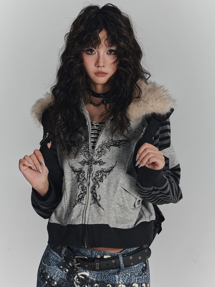 Punk Striped Fur Gray Wing Faux Print Collar Zip-Up Sleeves with Jacket