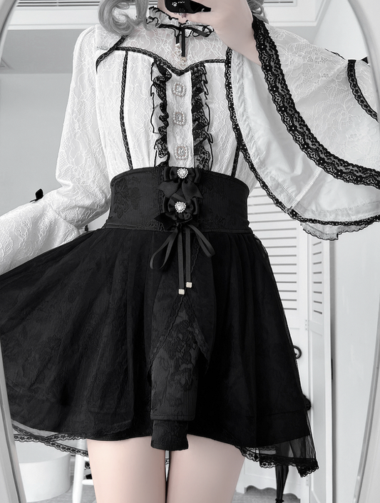 Kei Lace White Contrast Trim Blouse Black Neckline with Illusion Sleeve Jirai Bell