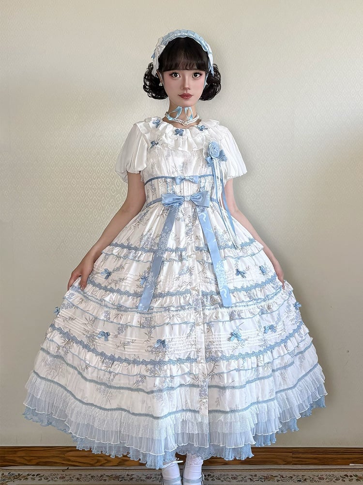 Ruffles White Floral Version Short Blue Lolita Classic Print Elegant Layered Dress