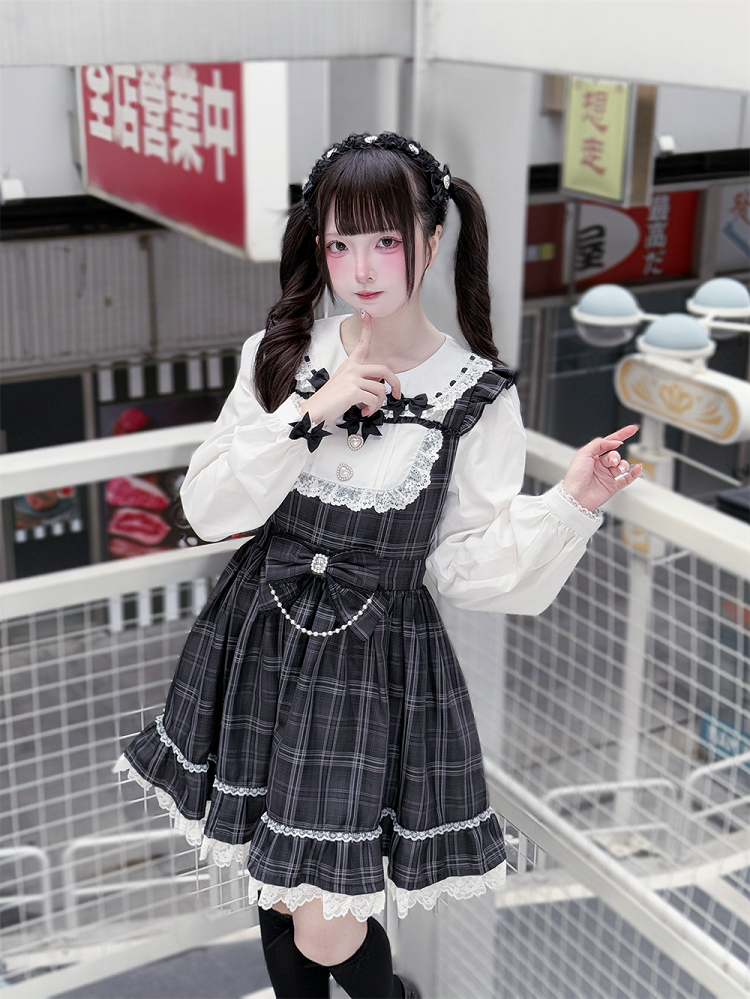 Waist Bow Jirai Dress: Pan Peter Gray Big with Academia Vintage Kei Collar Plaid