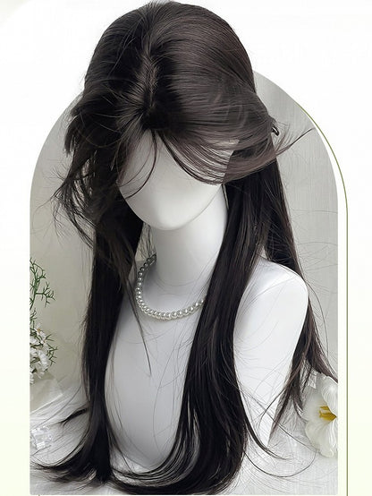 Länge gerade 60 cm schwarz mit Vorhang Perücke Pony