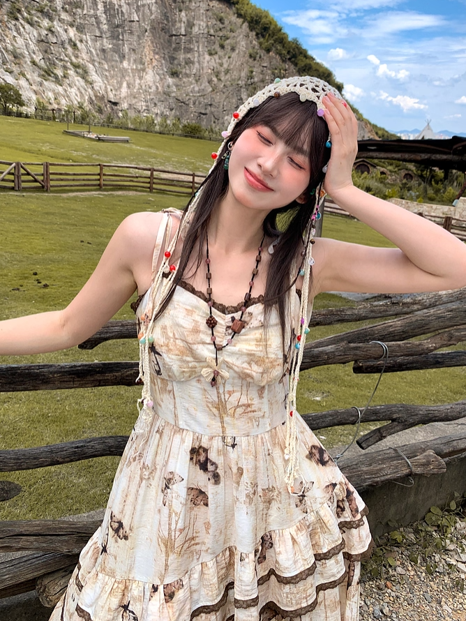 Vintage Schmetterlingsdruck Taschentuch Saum Farbstoff Apricot Krawatte Spaghettiträger Kleid