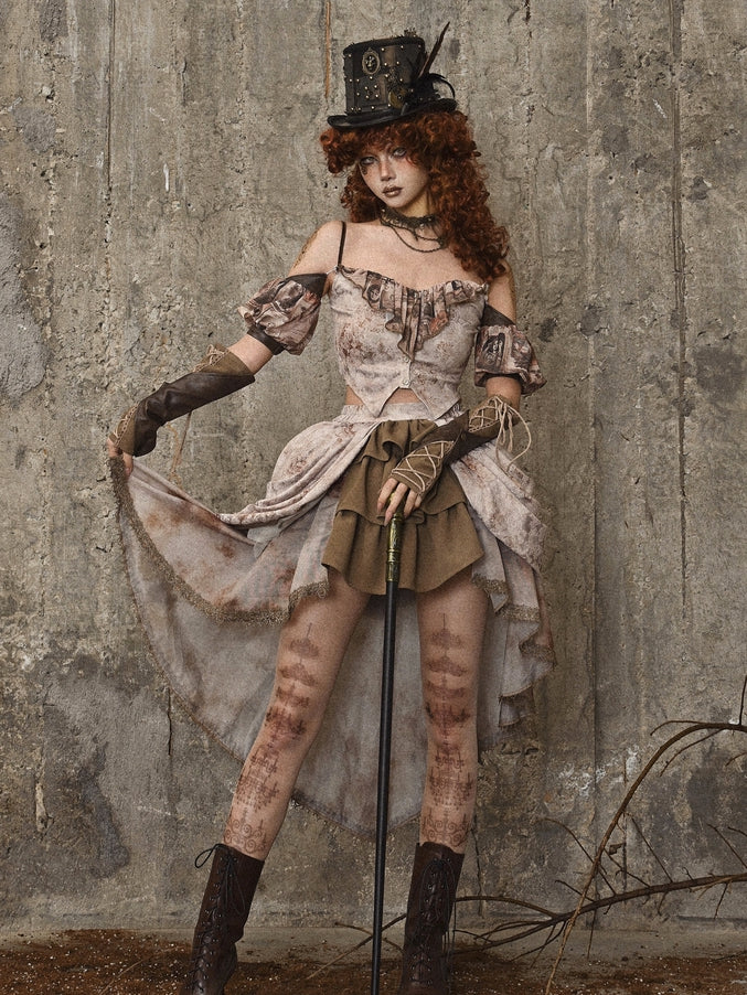 High-Low-Rock aus Jacquard mit Batikmuster und Rüschenbesatz