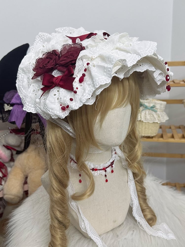 Lolita Rose Bonnet White Red Lace Bead Gothic Trim