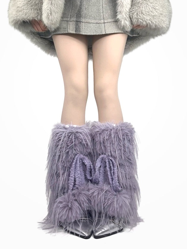 ブラック/ホワイト/パープル Y2K シャギー ボウノット レッグウォーマー ポンポン付き