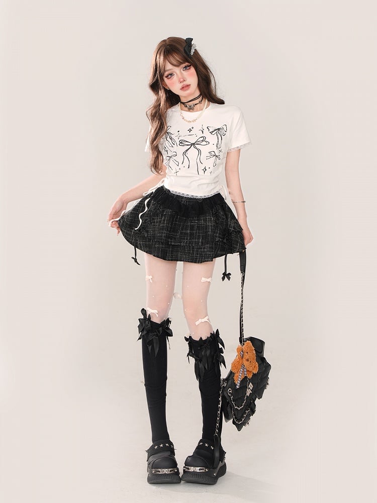 Sweet T-shirt with Bowknot Print Waist Drawstrings White Lace-trimmed