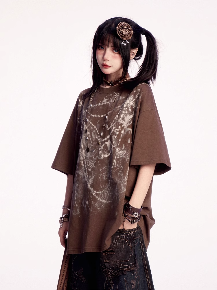 Wasteland Punk – Braunes T-Shirt mit Rundhalsausschnitt und Grafik