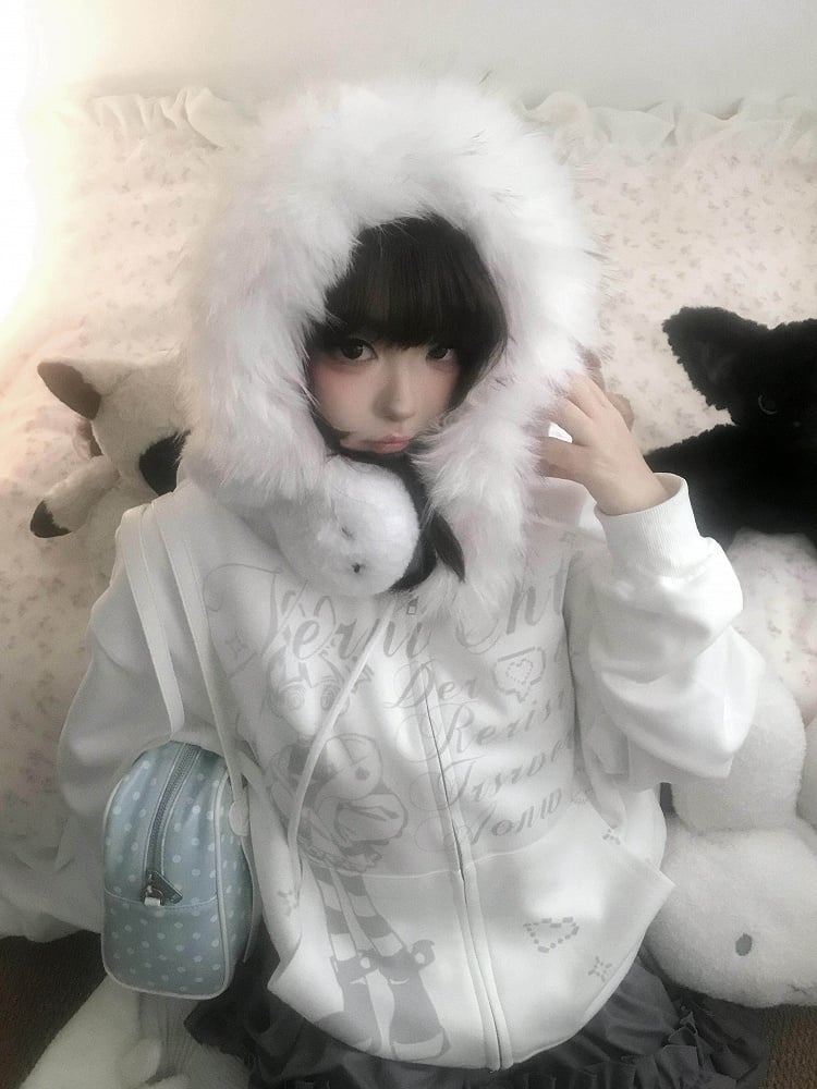 Haut à capuche blanc en peluche style Y2K avec bordure de veste