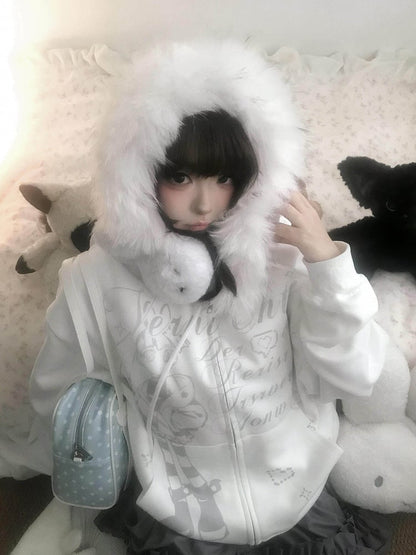 Haut à capuche blanc en peluche style Y2K avec bordure de veste