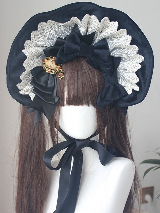 Black Velvet Lace Trim Bonnet With Bowknot Details Hairclips