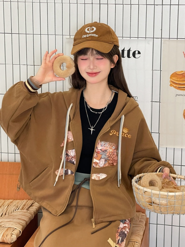 Fashion Long/Short Print Hoodie Brown Millard Vintage Version Prince