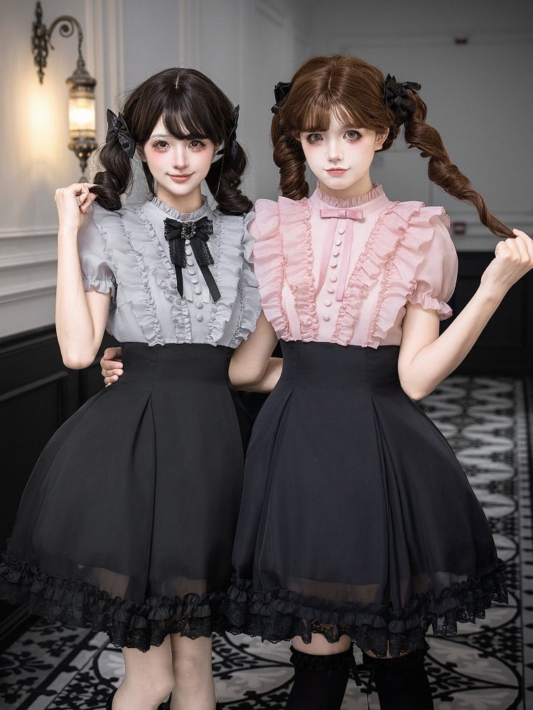 Pink Ruffled Blouse & Black Short Skirt Fake Two Pieces Lolita Dress - With PUJI