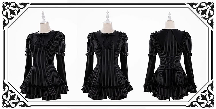 Kei Striped Gothic Jirai Black Collar Set: Shorts Brooch Bow Juliette Top with Pointed Sleeve