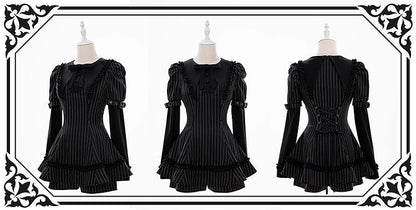 Kei Striped Gothic Jirai Black Collar Set: Shorts Brooch Bow Juliette Top with Pointed Sleeve