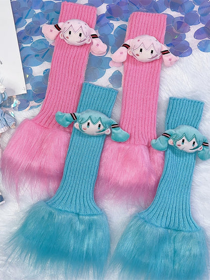 ピンクのシャギートリムニットレッグウォーマー