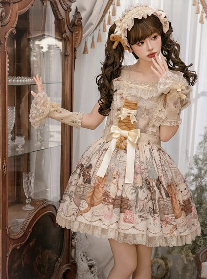 Beige Cat Print Square Neckline Sweet Lolita JSK Dress with Plush Cat Patch - NyaNya