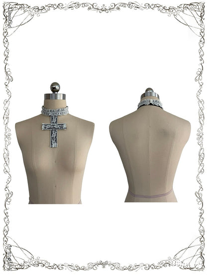 Black and White Gothic Lace Cross Choker Necklace - Damn Girl