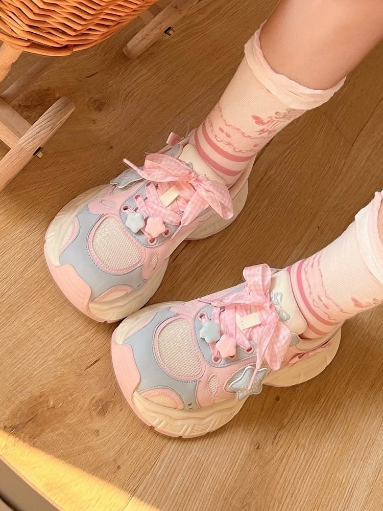 Sneakers Lolita Pink Pattern Plaid Sweet - Lace-Up Blue Closure