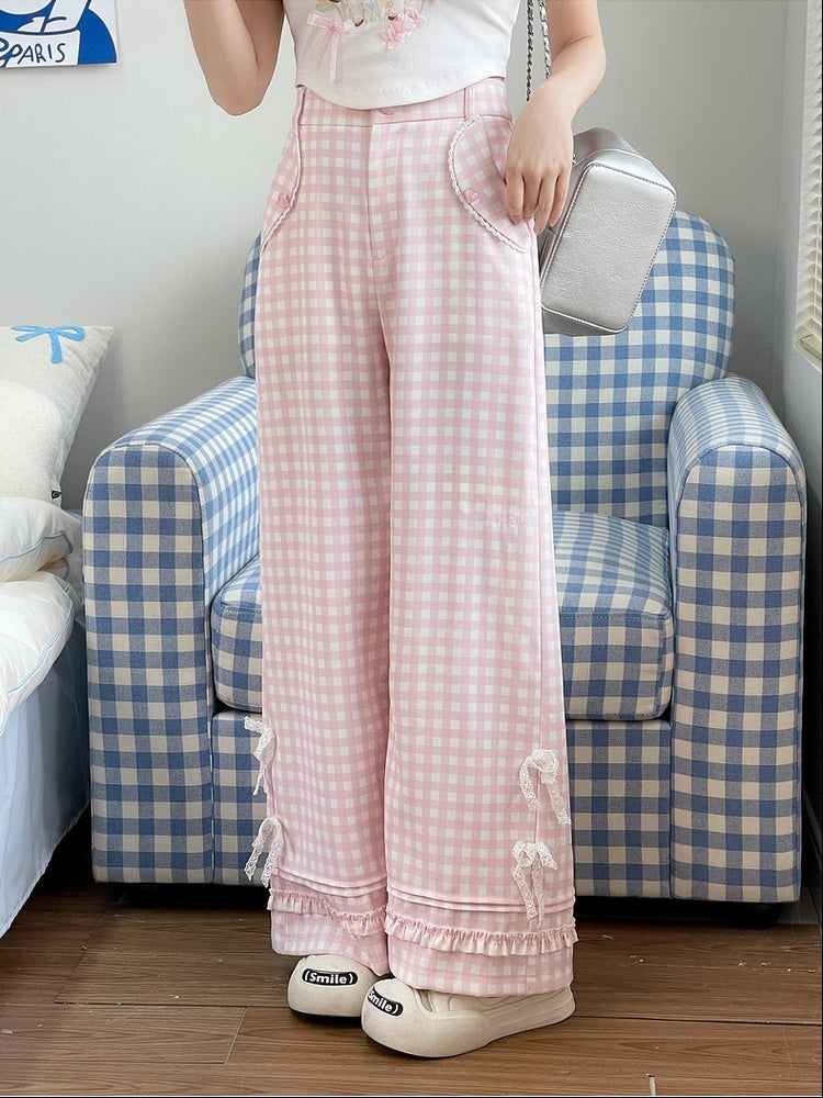 ピンクチェック柄ハイウエストレースリボンワイドレッグパンツ（レギュラー/ショート）