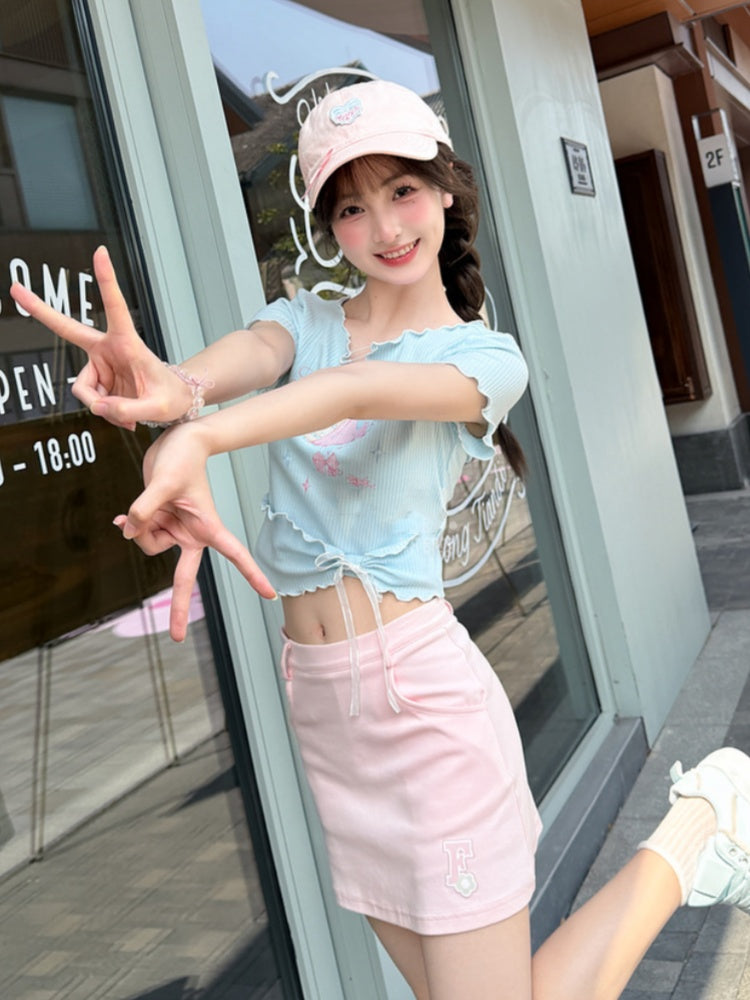 Sweet T-Shirt Neckline Details Hem Bow Pin Lettuce Hem Big Pink/Blue Cake Print