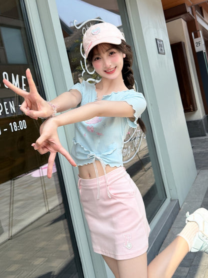 Sweet T-Shirt Neckline Details Hem Bow Pin Lettuce Hem Big Pink/Blue Cake Print