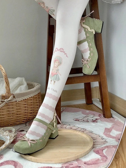 Design Jane - Green Square Lolita Toe for Pink Bow with Classic Mary Heels