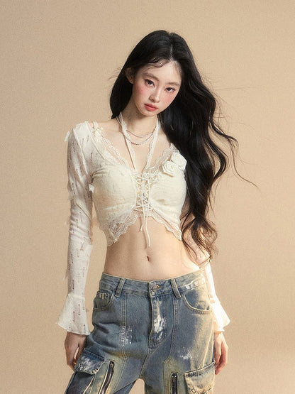 花飾りレースアプリコットベルスリーブバタフライセットクロップドトップグラマラストップ