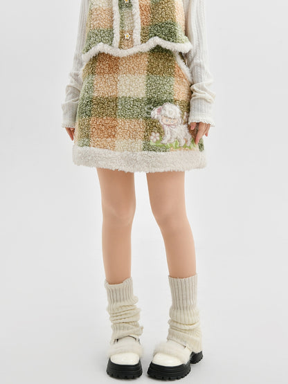 Green Cute Lamb Applique Plaid Fleece Skirt with Pockets