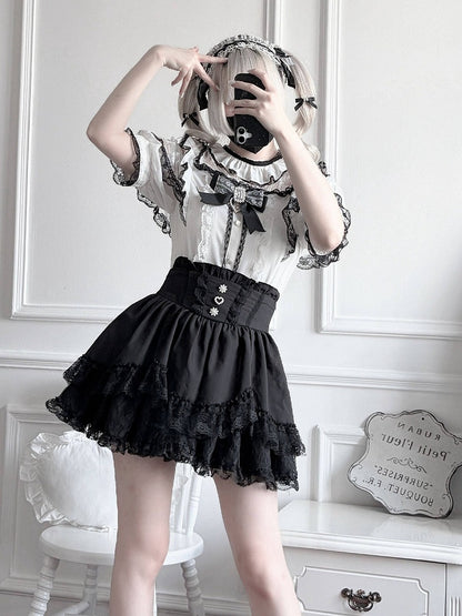 Black & White Jirai-kei Cutout Shoulder Short Sleeve Top with Rhinestone Bow and Lace - Virtual Paradise