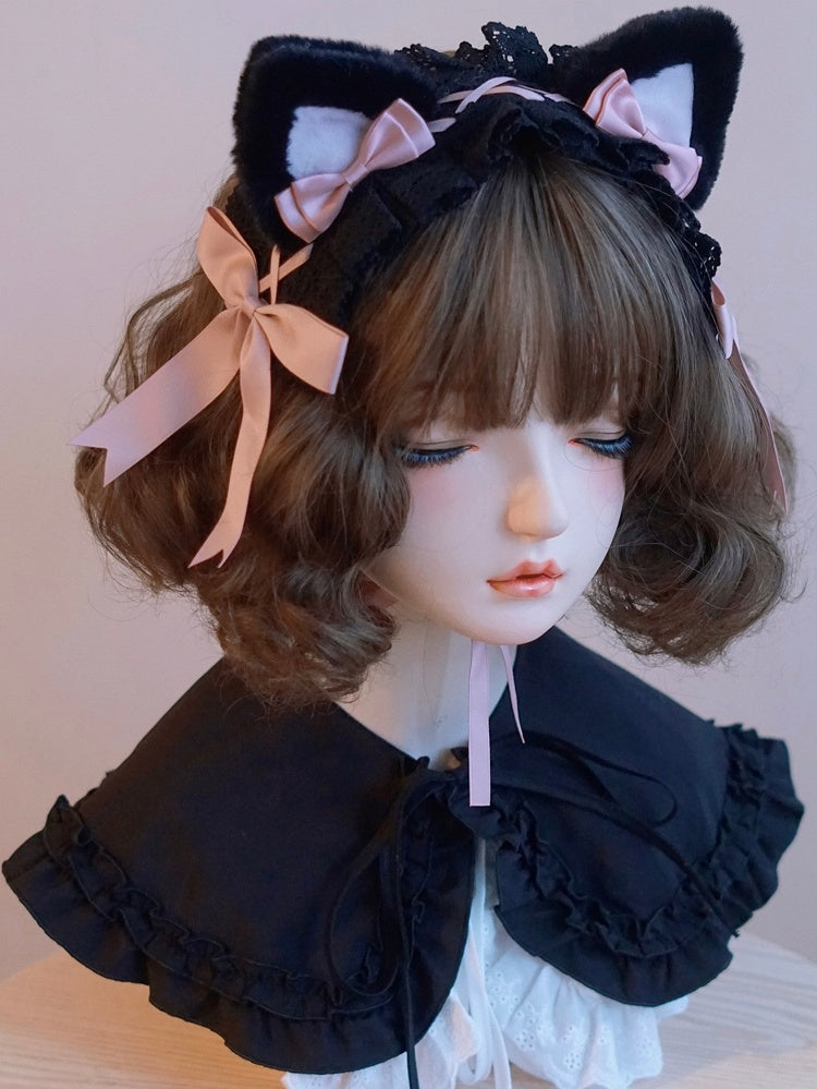 Ear Lace Black And Pink Cat Bowknot Trim Details Hairband
